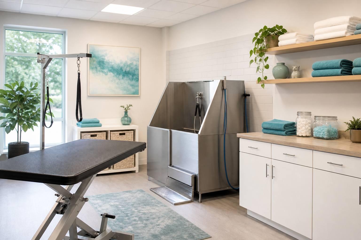 Calm teal-and-cream dog grooming studio beside the Amstel canal